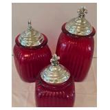 LR - Set of 3 Red Glass Canisters with Fleur-de-Lis Metal Lids