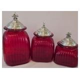 LR - Set of 3 Red Glass Canisters with Fleur-de-Lis Metal Lids