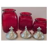 LR - Set of 3 Red Glass Canisters with Fleur-de-Lis Metal Lids