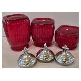 LR - Set of 3 Red Glass Canisters with Fleur-de-Lis Metal Lids