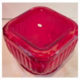 LR - Set of 3 Red Glass Canisters with Fleur-de-Lis Metal Lids