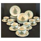 LR - Spode Christmas Tree Dinnerware Set with Cups, Saucers, Plates, and Bowls