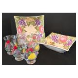 LR - Set of 6 Hand Painted Fruit Glasses and 2 Square Ceramic Serving Bowls