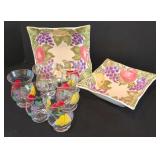 LR - Set of 6 Hand Painted Fruit Glasses and 2 Square Ceramic Serving Bowls
