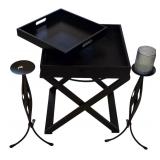 LR - Decorative Wooden Tray, Pair of 24 Inch Metal Candlesticks, and LED Candle
