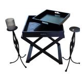 LR - Decorative Wooden Tray, Pair of 24 Inch Metal Candlesticks, and LED Candle