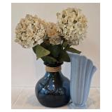 LR - Pair of Decorative Vases and Faux Hydrangea Floral Arrangement