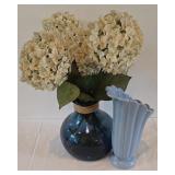 LR - Pair of Decorative Vases and Faux Hydrangea Floral Arrangement
