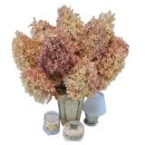 LR - Decorative Candle Holder, Vanilla Breve Scented Candle, and Glass Oil Lamp with Floral Foliage Display