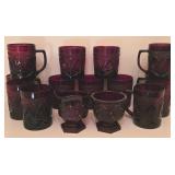 G - Set of 14 Vintage Ruby Red Pressed Glass Mugs, Tumblers, Creamer, and Sugar Bowl