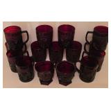 G - Set of 14 Vintage Ruby Red Pressed Glass Mugs, Tumblers, Creamer, and Sugar Bowl