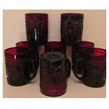 G - Set of 14 Vintage Ruby Red Pressed Glass Mugs, Tumblers, Creamer, and Sugar Bowl
