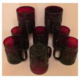 G - Set of 14 Vintage Ruby Red Pressed Glass Mugs, Tumblers, Creamer, and Sugar Bowl