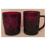 G - Set of 14 Vintage Ruby Red Pressed Glass Mugs, Tumblers, Creamer, and Sugar Bowl