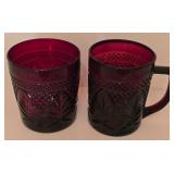 G - Set of 14 Vintage Ruby Red Pressed Glass Mugs, Tumblers, Creamer, and Sugar Bowl