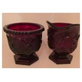 G - Set of 14 Vintage Ruby Red Pressed Glass Mugs, Tumblers, Creamer, and Sugar Bowl