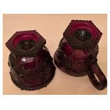 G - Set of 14 Vintage Ruby Red Pressed Glass Mugs, Tumblers, Creamer, and Sugar Bowl