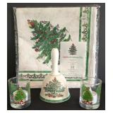 H - Spode Christmas Tree Entertaining Set with Bowls, Trays, Bell, Candleholders, Spoons, and Linen Napkins