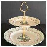 H - Spode Christmas Tree Entertaining Set with Bowls, Trays, Bell, Candleholders, Spoons, and Linen Napkins
