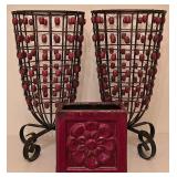 H - Pair of 14-Inch Beaded Metal Vases and 6-Inch Red Terracotta Flower Vase