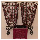 H - Pair of 14-Inch Beaded Metal Vases and 6-Inch Red Terracotta Flower Vase