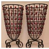 H - Pair of 14-Inch Beaded Metal Vases and 6-Inch Red Terracotta Flower Vase