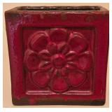 H - Pair of 14-Inch Beaded Metal Vases and 6-Inch Red Terracotta Flower Vase