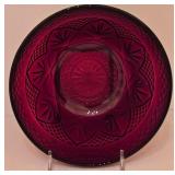 H - Set of 8 Vintage Ruby Red Pressed Glass Plates and 8 Bowls with Patterned Design