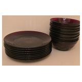 H - Set of 8 Vintage Ruby Red Pressed Glass Plates and 8 Bowls with Patterned Design