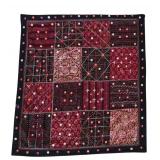 LR - Handcrafted India Patchwork Wall Hanging with Smoked Bamboo Hanger, 34x36 Inches