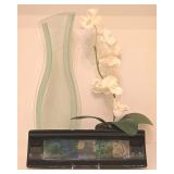 H - Modern Glass Vase, Artificial Orchid Floral Display, and Rectangular Art Glass Tray Set