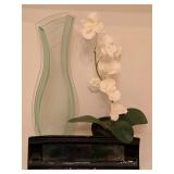 H - Modern Glass Vase, Artificial Orchid Floral Display, and Rectangular Art Glass Tray Set