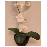 H - Modern Glass Vase, Artificial Orchid Floral Display, and Rectangular Art Glass Tray Set