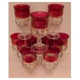 H - Set of 9 Vintage Clear and Cranberry Glass Goblets, 5.5 Inch Tall