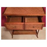 LL-BR3 - Woven Rattan and Wood Side Table with 2 Drawers and Shelves
