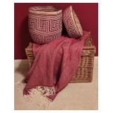 LL-BR3 - Wicker Storage Trunk, Set of 2 Handwoven Decorative Baskets, and Red Herringbone Throw Blanket