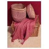 LL-BR3 - Wicker Storage Trunk, Set of 2 Handwoven Decorative Baskets, and Red Herringbone Throw Blanket