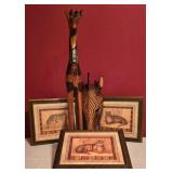 LL-BR3 - African Giraffe Sculpture, Zebra Mask, and Set of 3 Framed Wildlife Prints