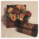 LL-BR3 - Decorative Set: Faux Floral Arrangement in Textured Trunk and Small Woven Accent Trunk