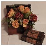 LL-BR3 - Decorative Set: Faux Floral Arrangement in Textured Trunk and Small Woven Accent Trunk
