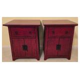 LL-BR2 - Pair of Red Wood Nightstands with Drawer and Cabinet Storage