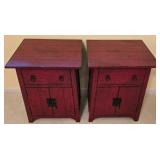 LL-BR2 - Pair of Red Wood Nightstands with Drawer and Cabinet Storage