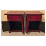 LL-BR2 - Pair of Red Wood Nightstands with Drawer and Cabinet Storage