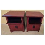 LL-BR2 - Pair of Red Wood Nightstands with Drawer and Cabinet Storage