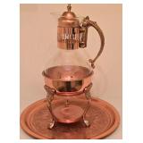 H - Copper Glass Carafe Set with Warmer and Ornate 12.25 Inch Serving Tray