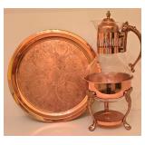 H - Copper Glass Carafe Set with Warmer and Ornate 12.25 Inch Serving Tray