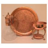 H - Copper Glass Carafe Set with Warmer and Ornate 12.25 Inch Serving Tray
