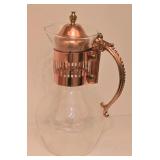 H - Copper Glass Carafe Set with Warmer and Ornate 12.25 Inch Serving Tray