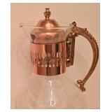 H - Copper Glass Carafe Set with Warmer and Ornate 12.25 Inch Serving Tray