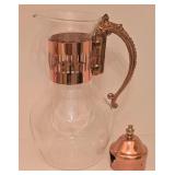 H - Copper Glass Carafe Set with Warmer and Ornate 12.25 Inch Serving Tray